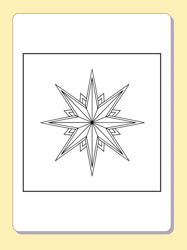 Black and white printable pointed compass rose coloring sheet