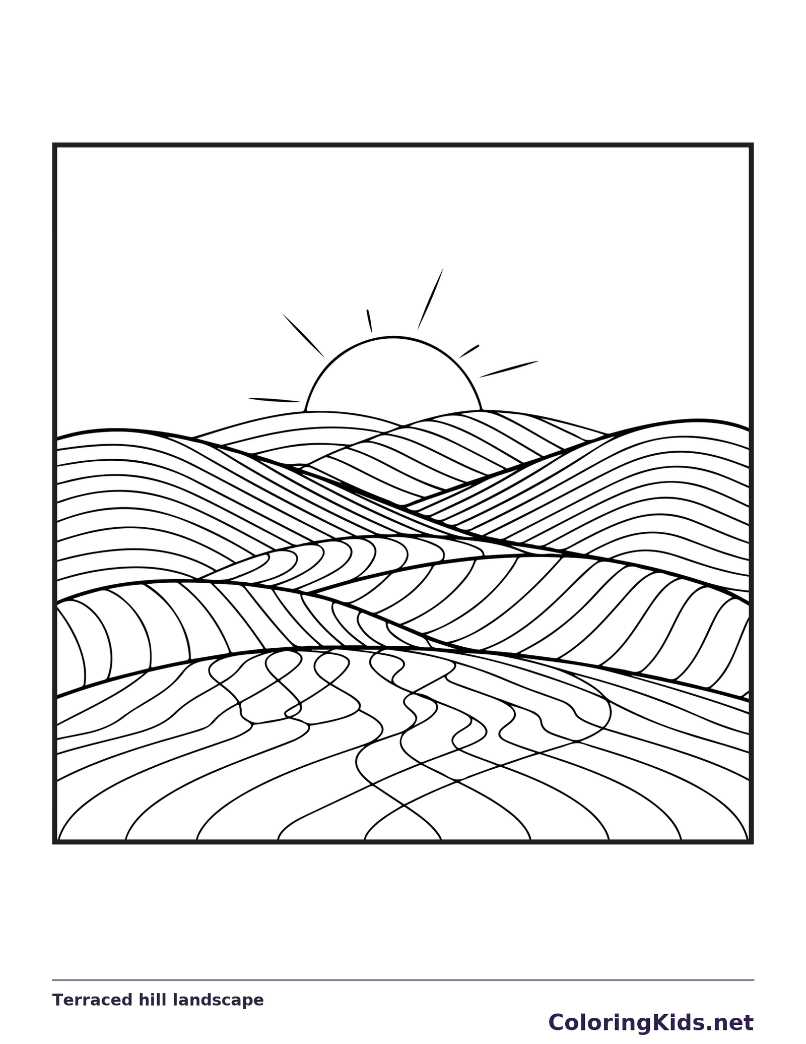 Black and white printable terraced hill landscape coloring sheet