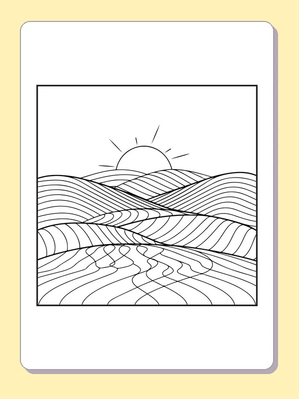 Black and white printable terraced hill landscape coloring sheet