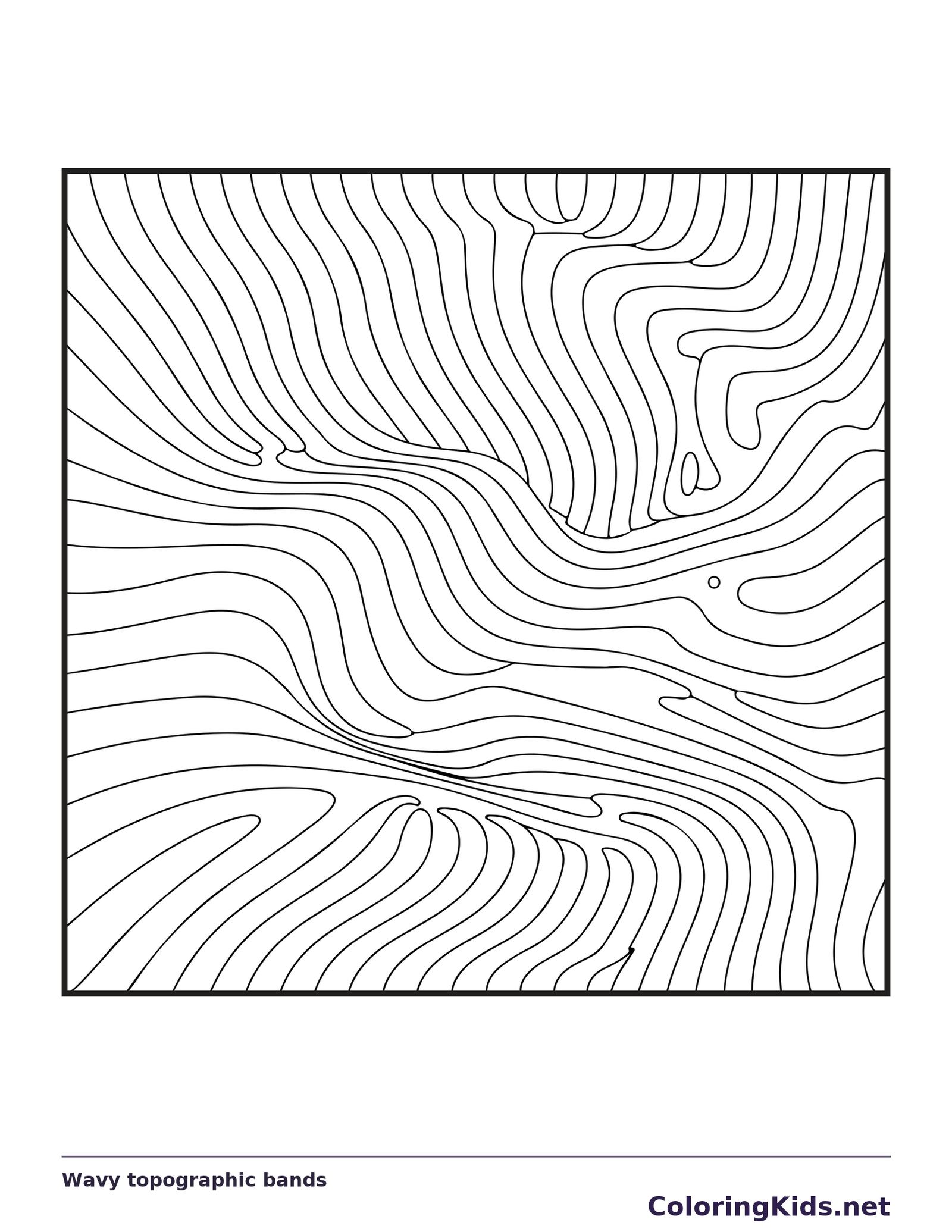 Black and white printable wavy topographic bands coloring sheet