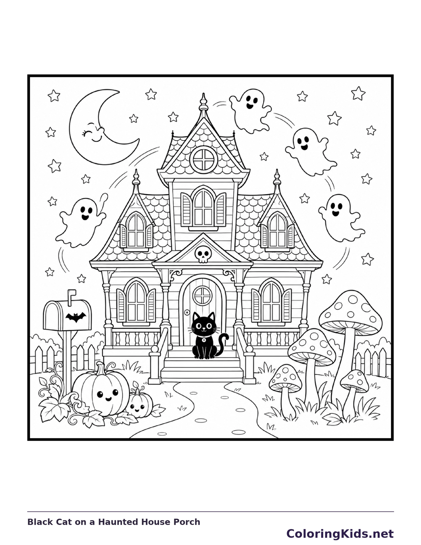 Black Cat on a Haunted House Porch coloring page, black and white printable line art