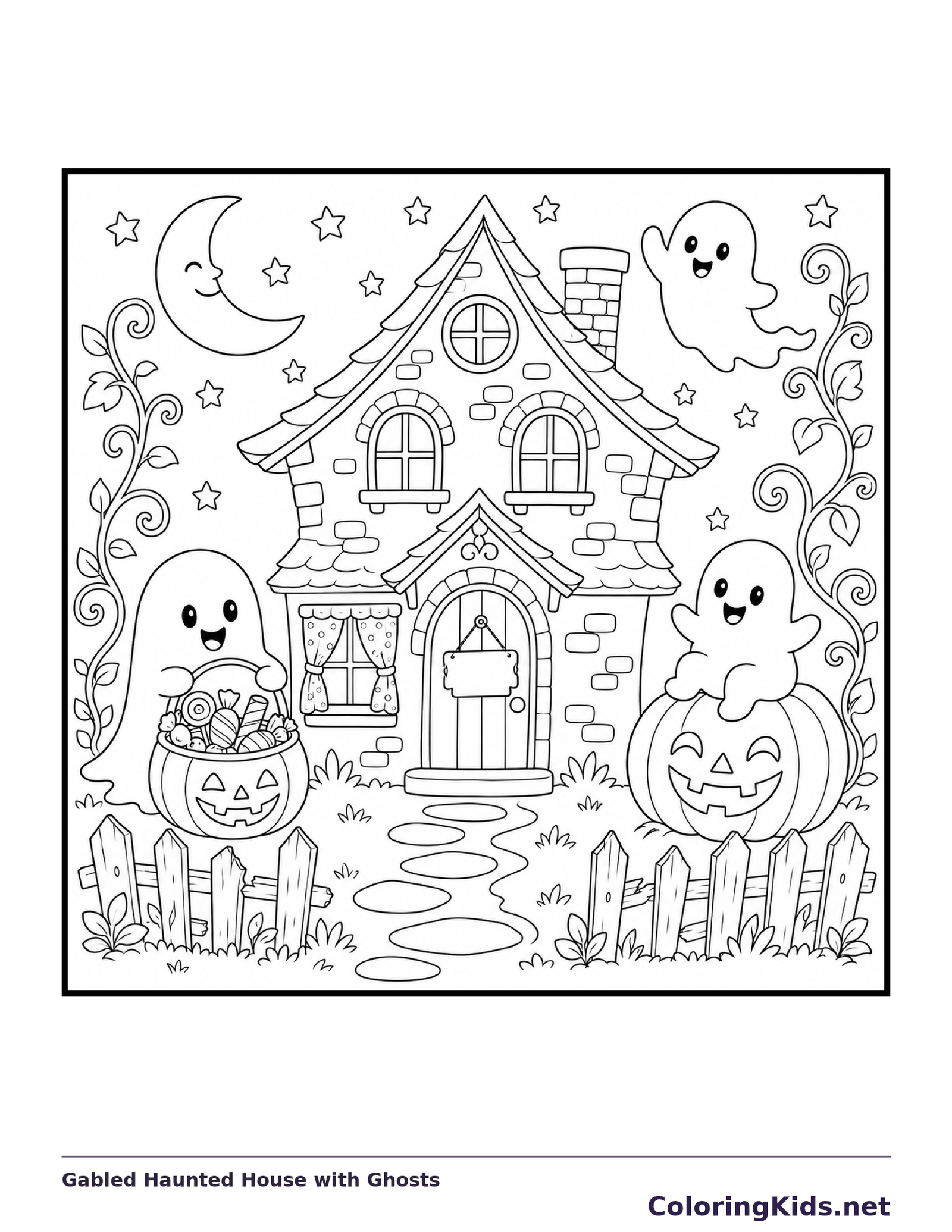 Gabled Haunted House with Ghosts coloring page, black and white printable line art