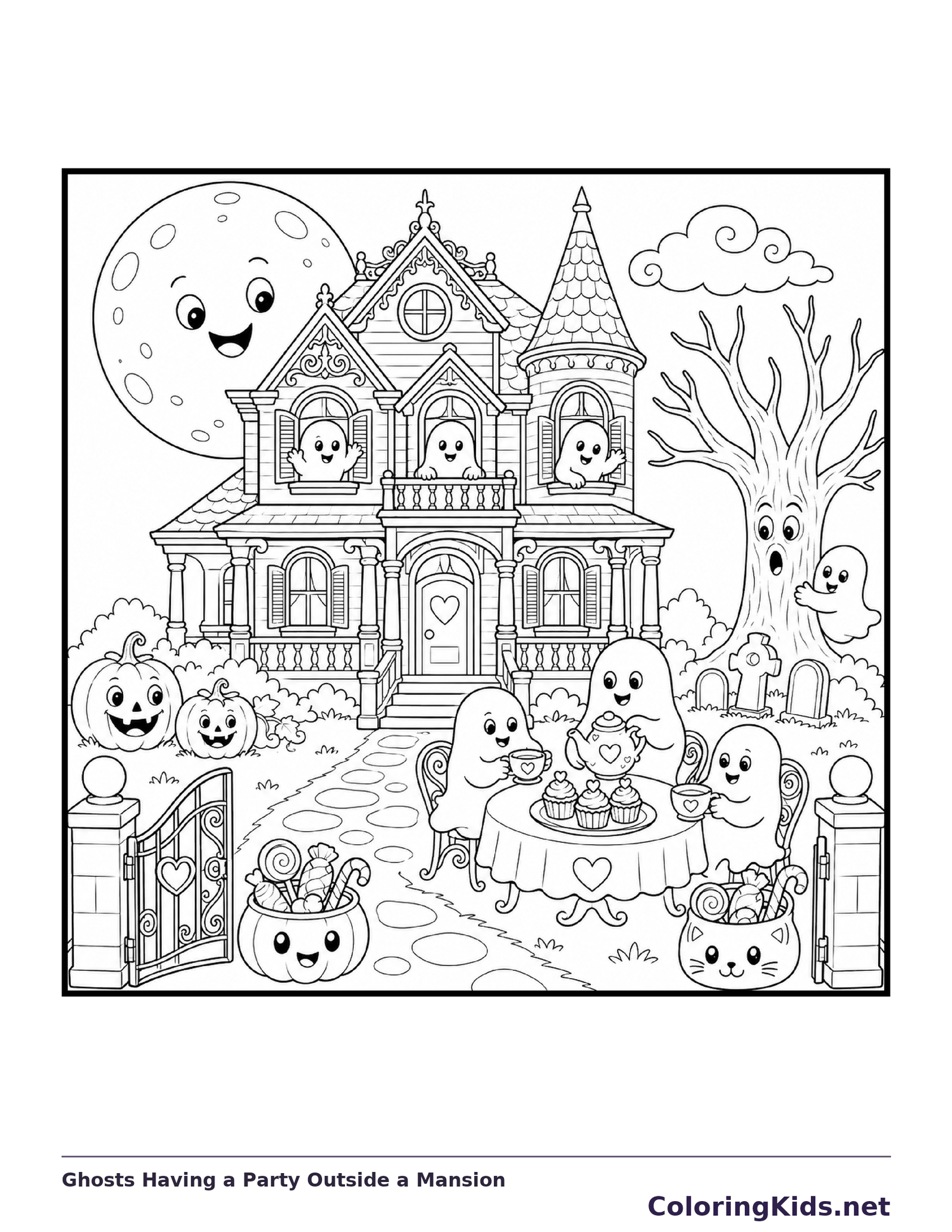 Ghosts Having a Party Outside a Mansion coloring page, black and white printable line art