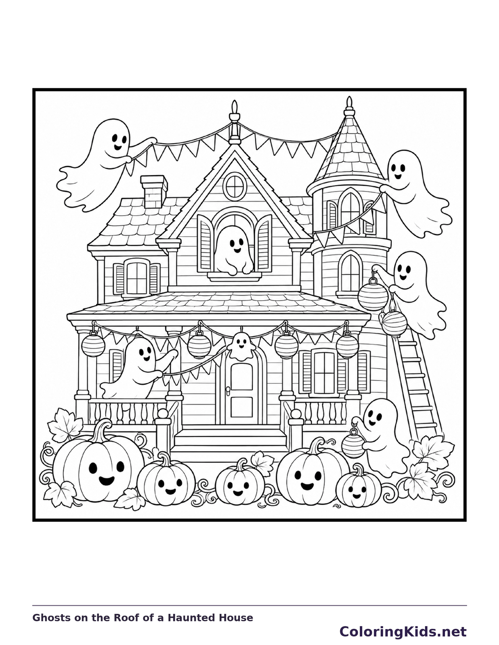Ghosts on the Roof of a Haunted House coloring page, black and white printable line art
