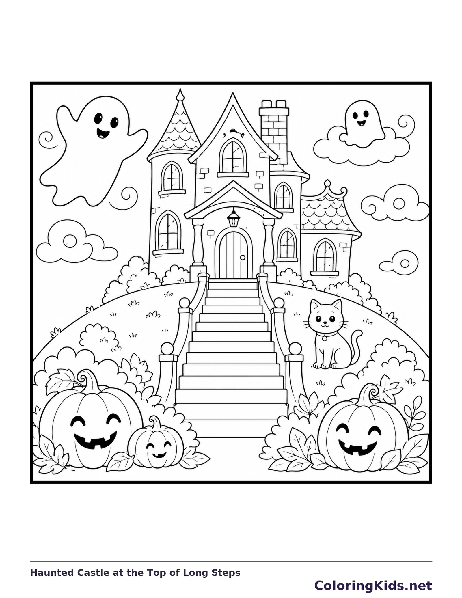 Haunted Castle at the Top of Long Steps coloring page, black and white printable line art
