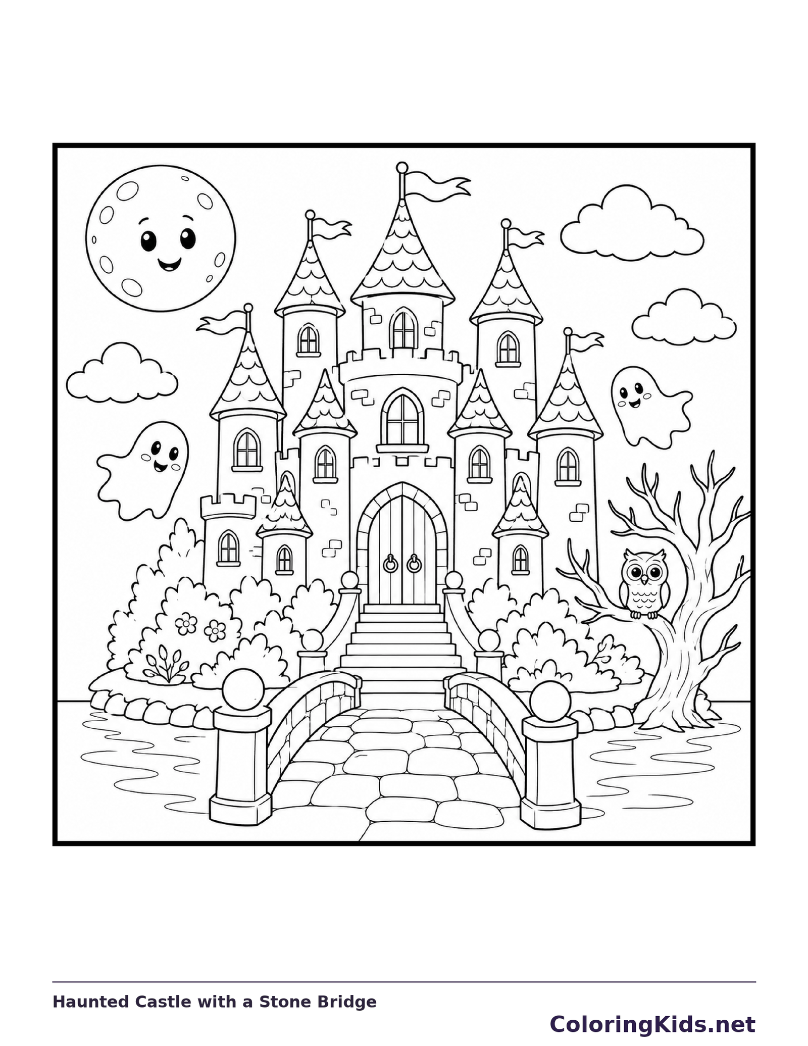 Haunted Castle with a Stone Bridge coloring page, black and white printable line art