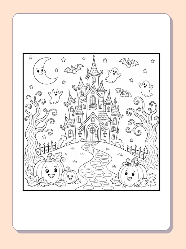Haunted Castle with a Winding Path coloring page, black and white printable line art