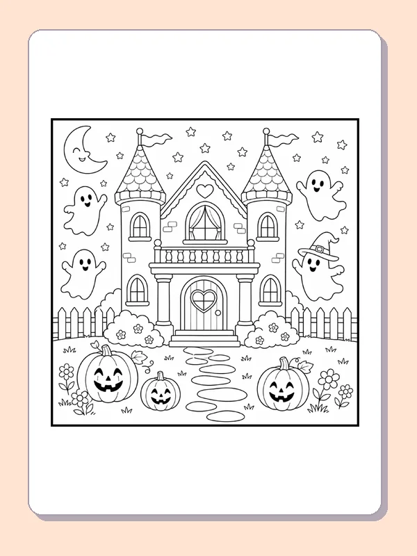 Haunted Castle with Friendly Ghosts coloring page, black and white printable line art