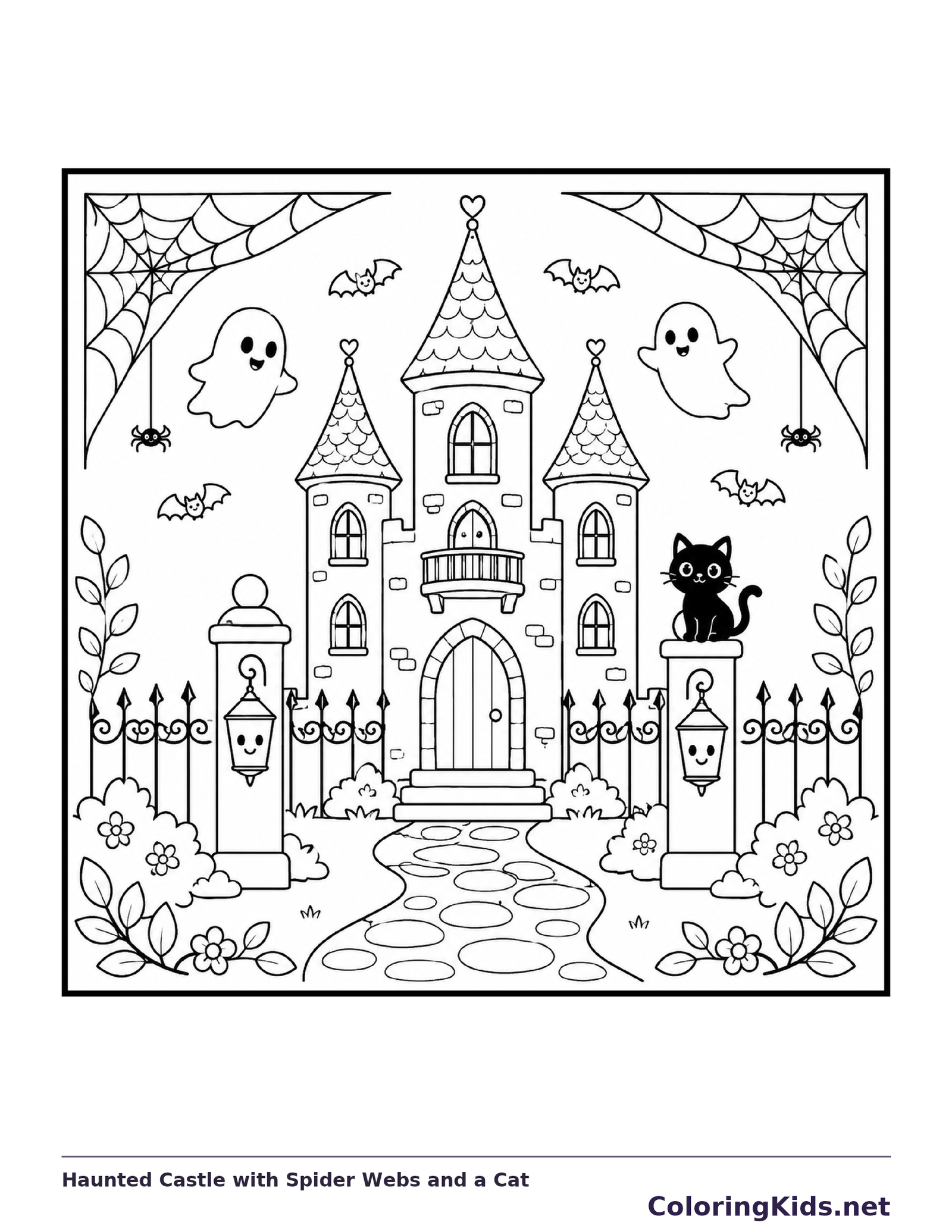 Haunted Castle with Spider Webs and a Cat coloring page, black and white printable line art