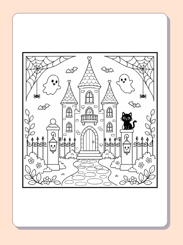 Haunted Castle with Spider Webs and a Cat coloring page, black and white printable line art