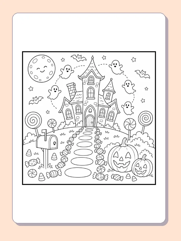Haunted House by a Candy-Lined Path coloring page, black and white printable line art