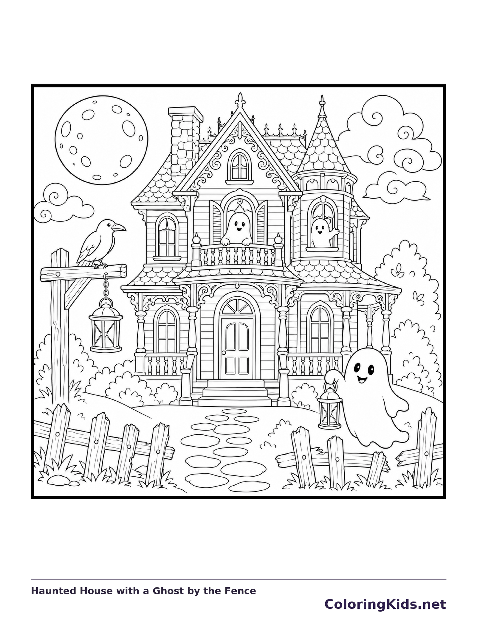 Haunted House with a Ghost by the Fence coloring page, black and white printable line art