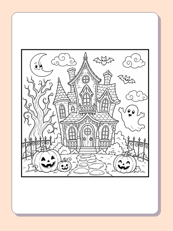 Haunted Mansion Among Curly Trees coloring page, black and white printable line art