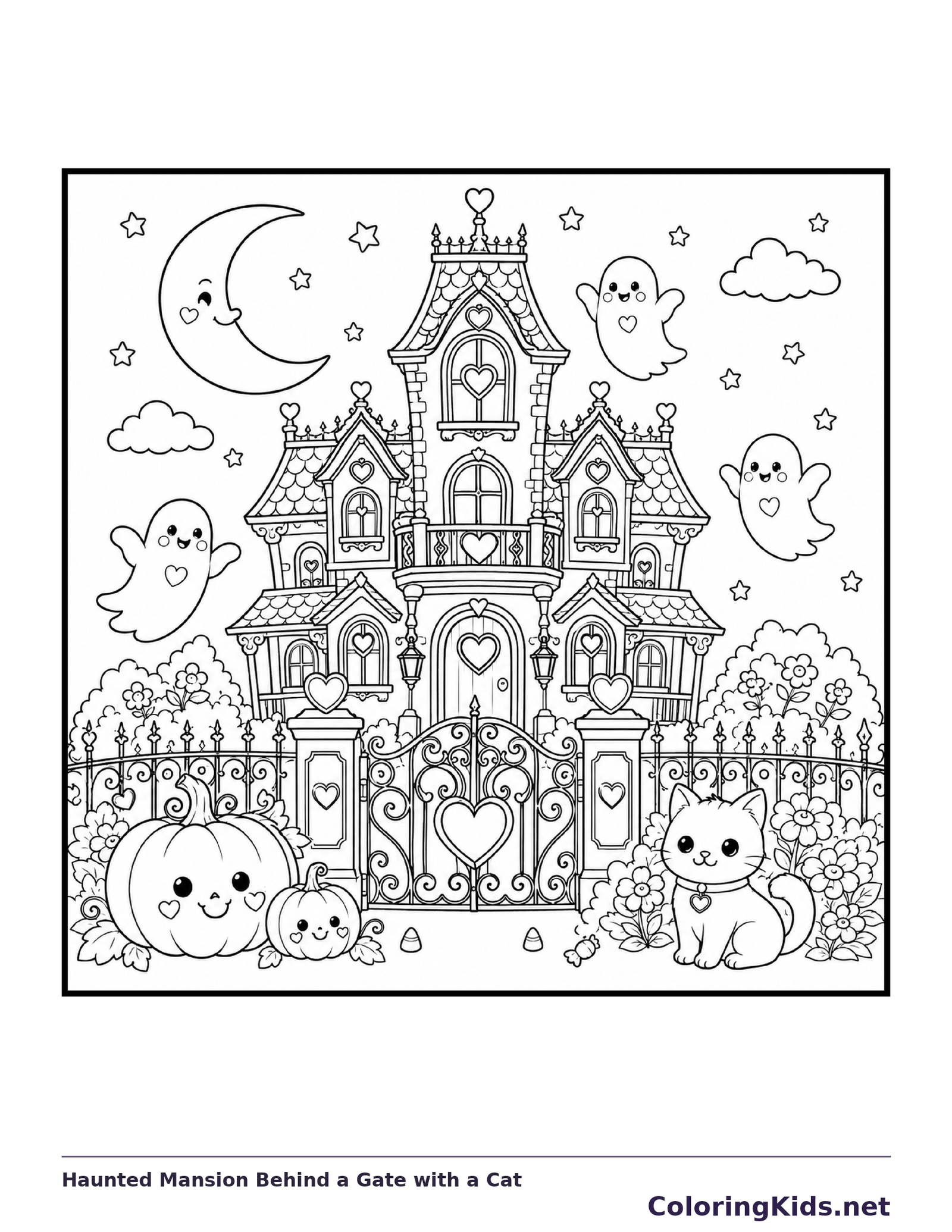 Haunted Mansion Behind a Gate with a Cat coloring page, black and white printable line art