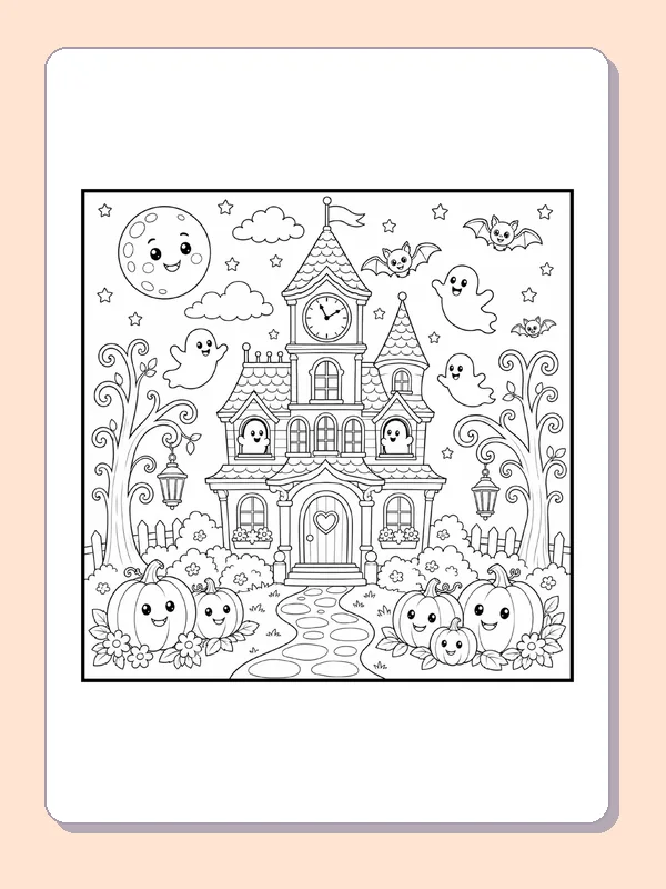 Moonlit Haunted Mansion with Pumpkins coloring page, black and white printable line art