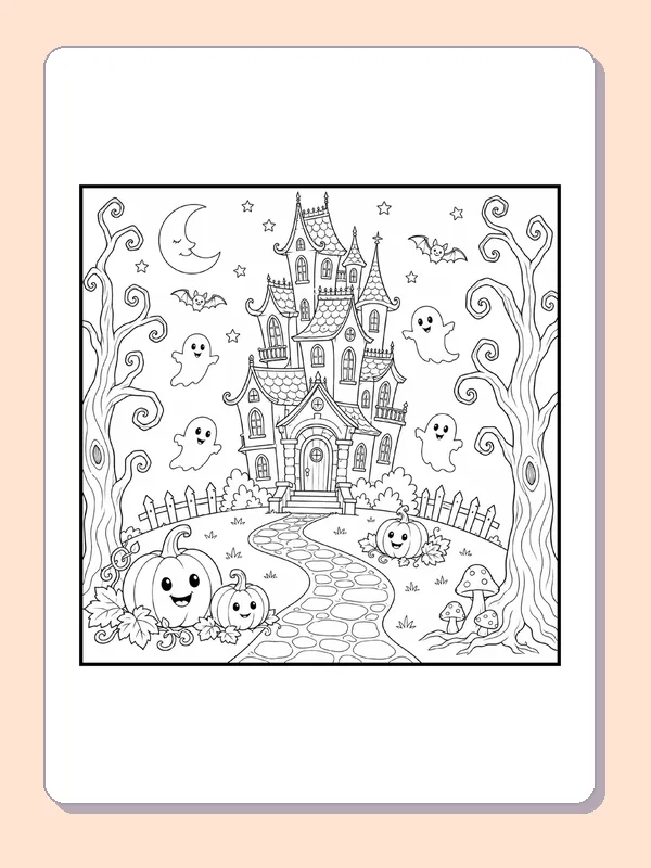 Tall Haunted Castle with a Curving Path coloring page, black and white printable line art