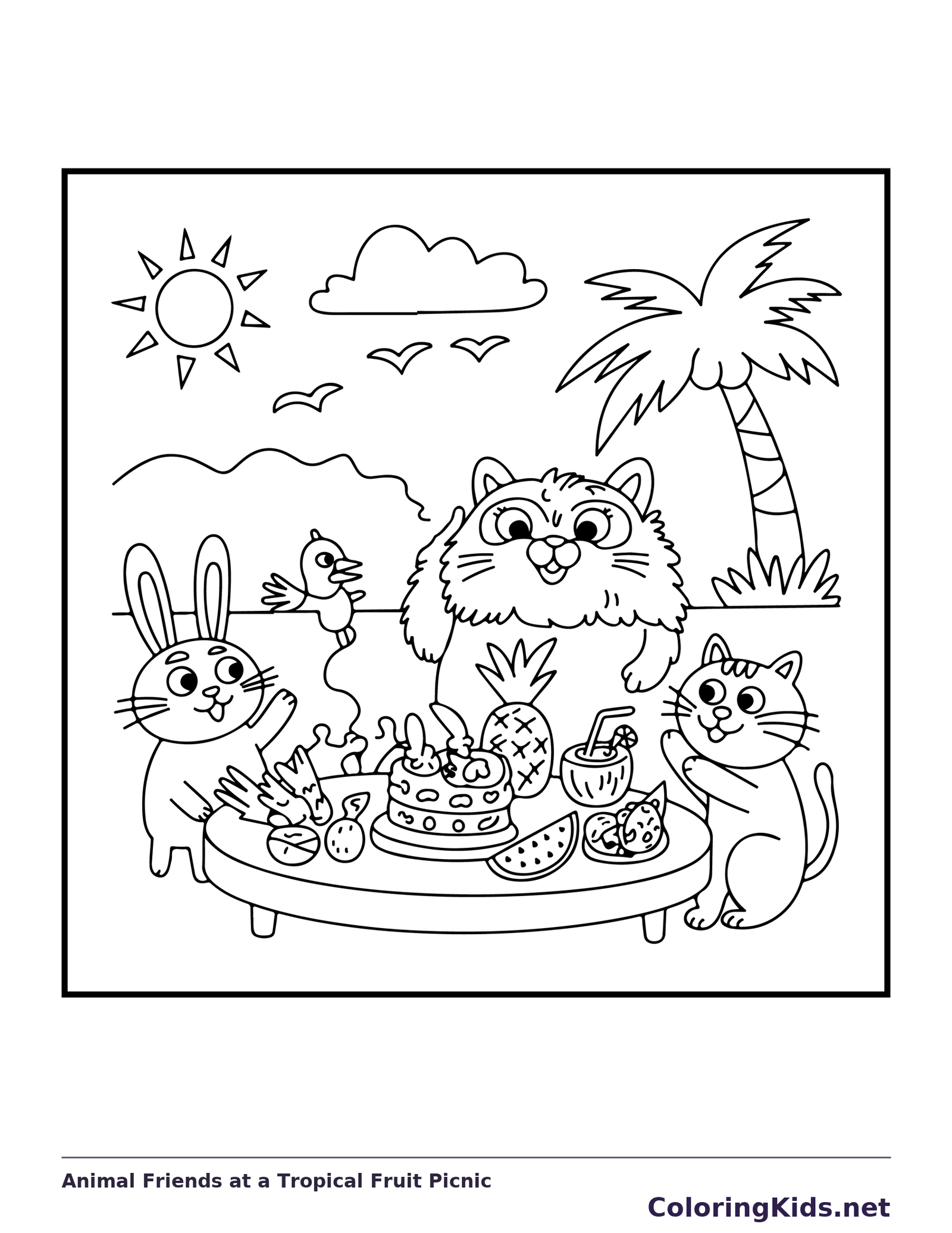 Animal Friends at a Tropical Fruit Picnic coloring page: black and white line art to print or color online