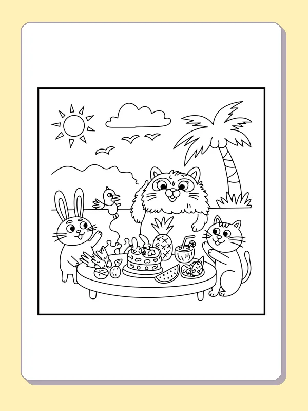 Animal Friends at a Tropical Fruit Picnic coloring page: black and white line art to print or color online