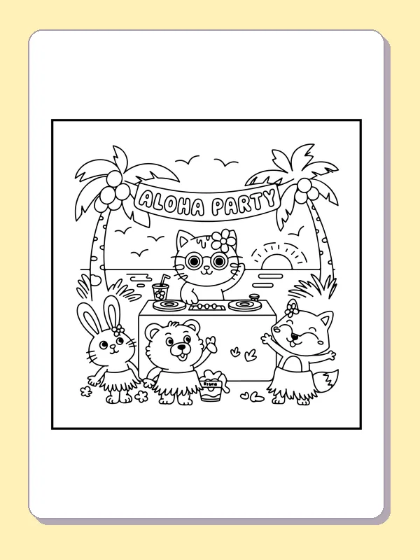 Animal Friends at an Aloha Party coloring page: black and white line art to print or color online