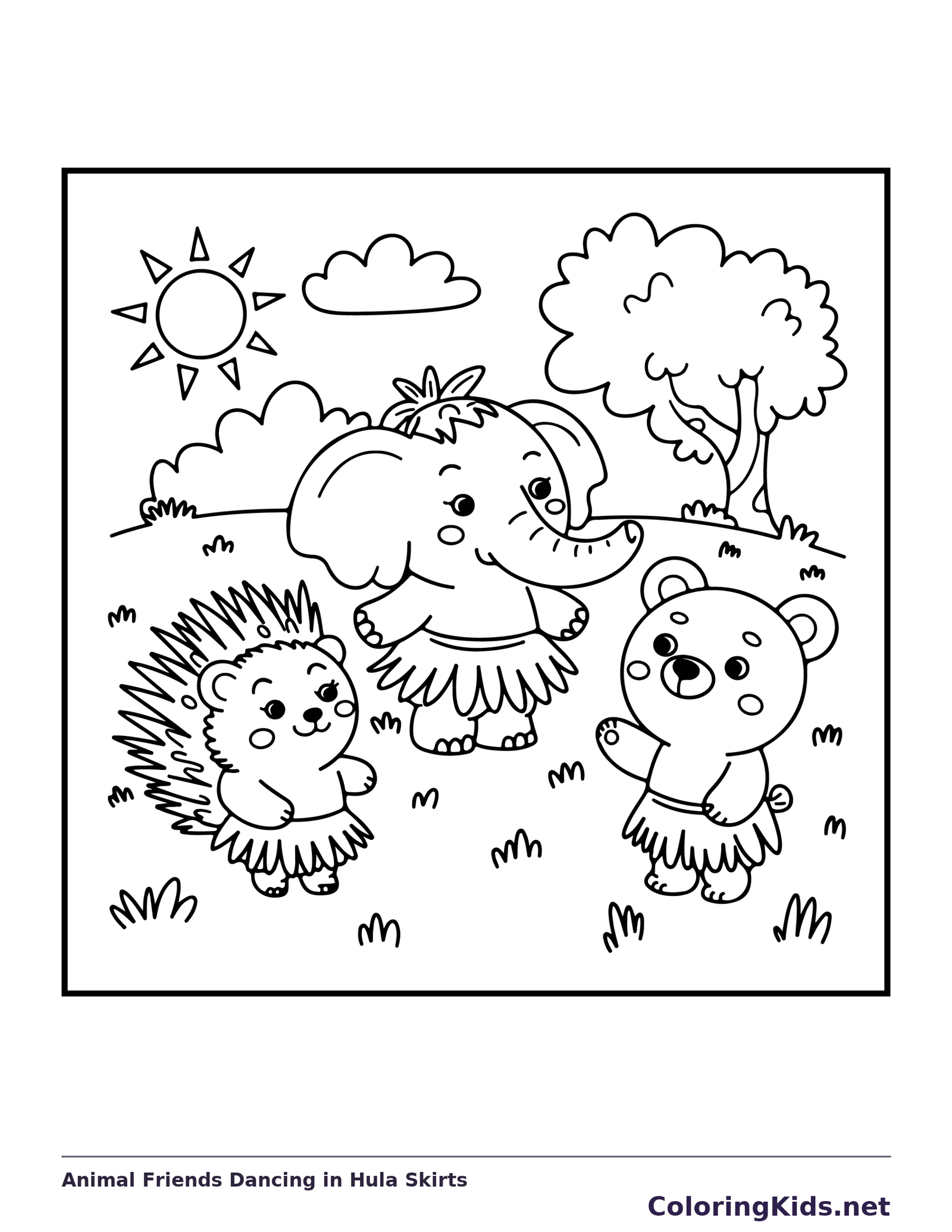 Animal Friends Dancing in Hula Skirts coloring page: black and white line art to print or color online