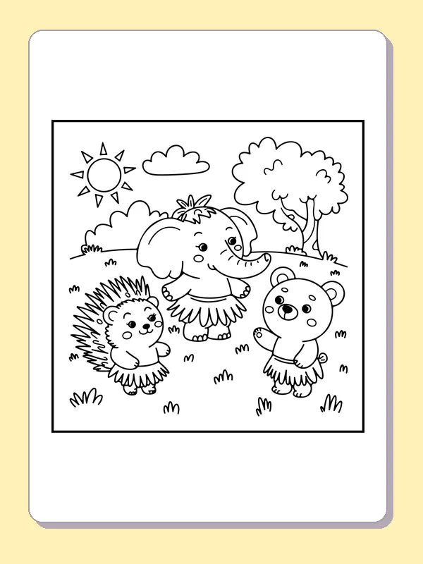 Animal Friends Dancing in Hula Skirts coloring page: black and white line art to print or color online