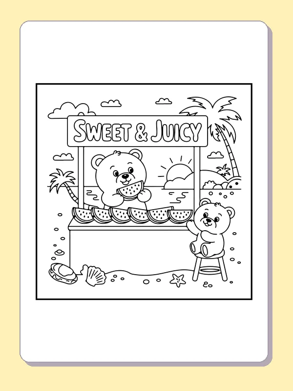 Bear at a Beach Fruit Stand coloring page: black and white line art to print or color online