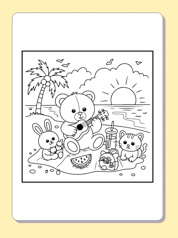 Bear Playing Ukulele at a Beach Picnic coloring page: black and white line art to print or color online