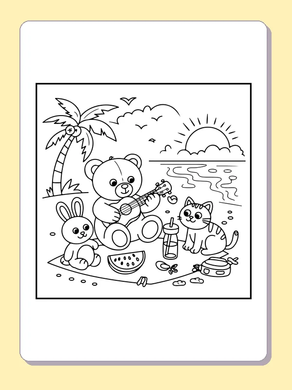 Bear Playing Ukulele on the Beach coloring page: black and white line art to print or color online