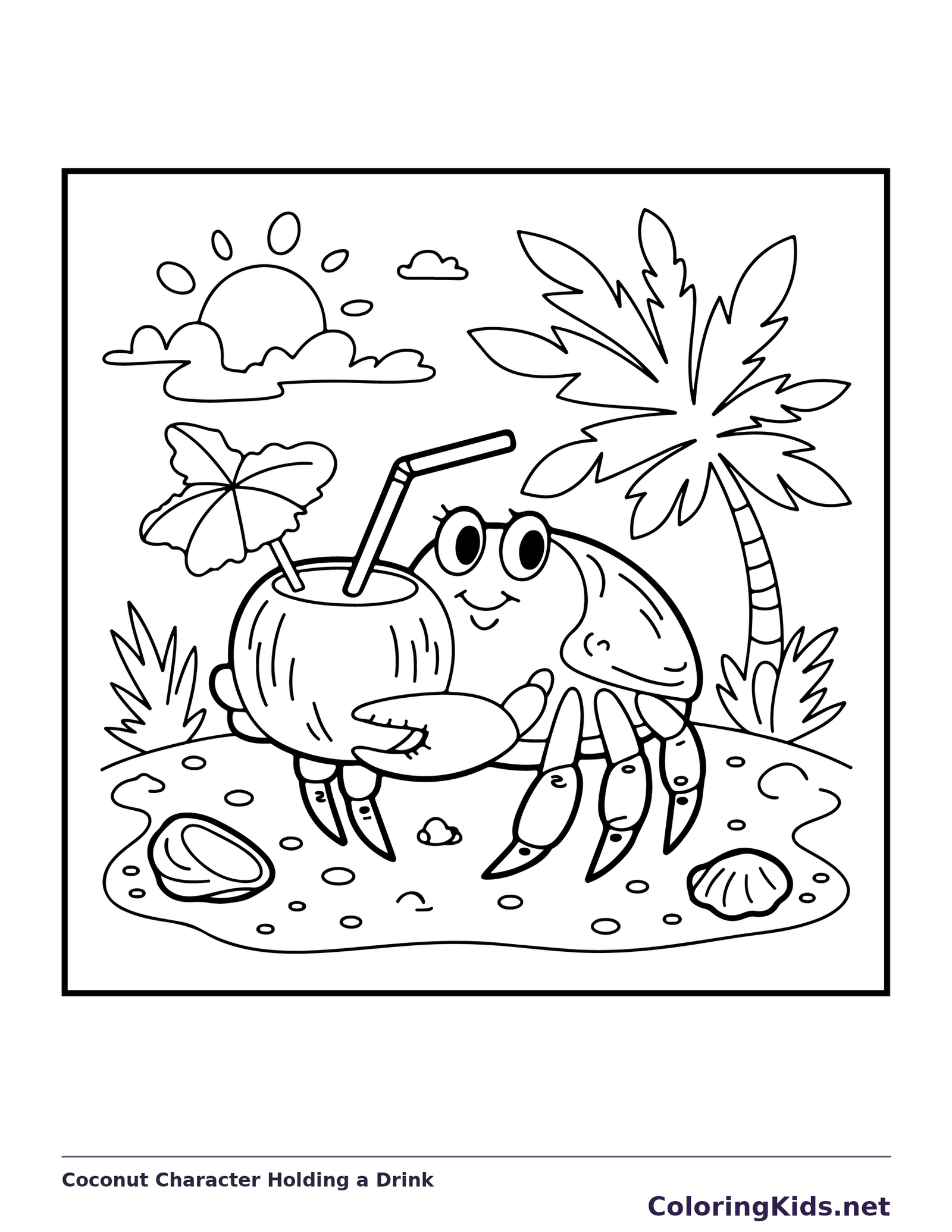Coconut Character Holding a Drink coloring page: black and white line art to print or color online