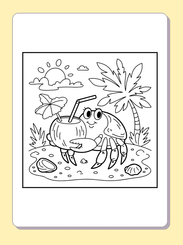 Coconut Character Holding a Drink coloring page: black and white line art to print or color online