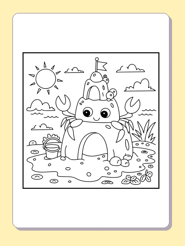Crab Building a Sandcastle coloring page: black and white line art to print or color online