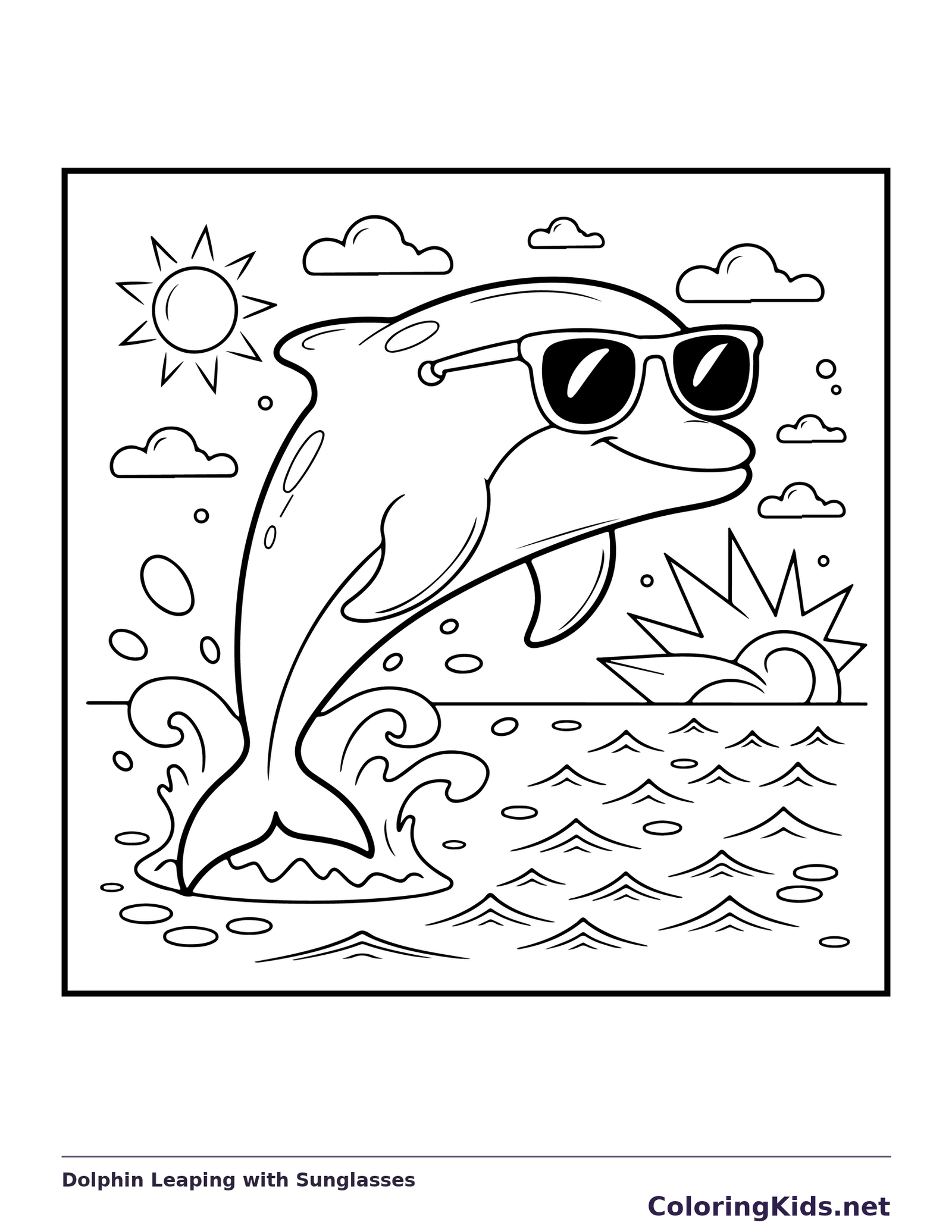 Dolphin Leaping with Sunglasses coloring page: black and white line art to print or color online