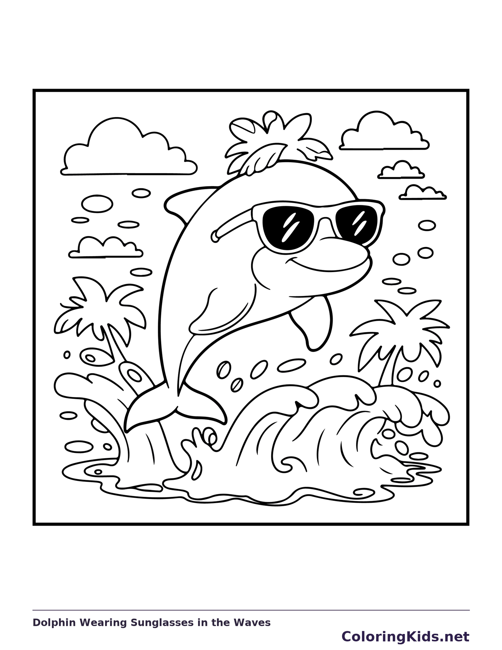 Dolphin Wearing Sunglasses in the Waves coloring page: black and white line art to print or color online