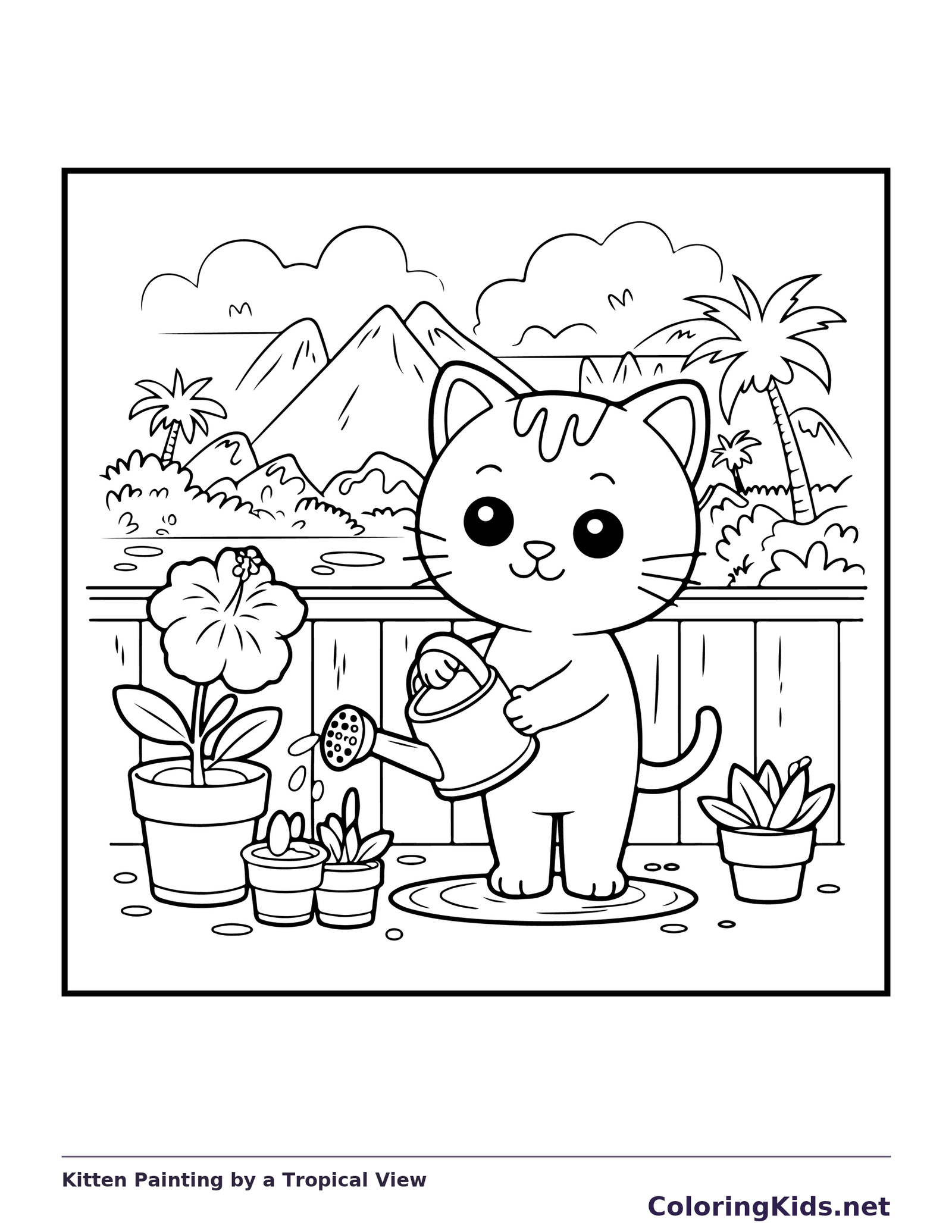 Kitten Painting by a Tropical View coloring page: black and white line art to print or color online