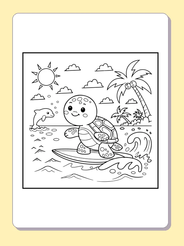 Little Turtle Surfing beneath Palm Trees coloring page: black and white line art to print or color online