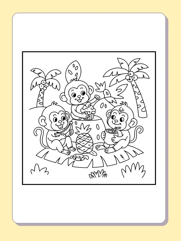 Monkey Friends Sharing Tropical Fruit coloring page: black and white line art to print or color online