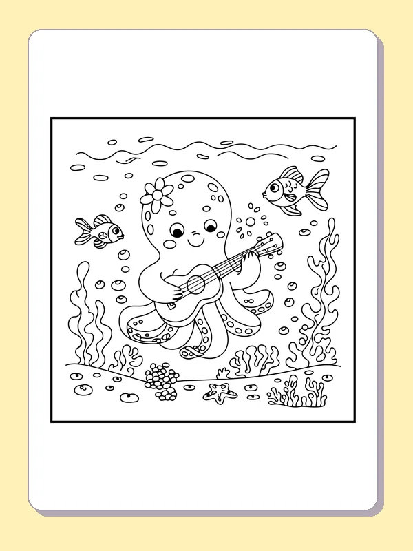 Octopus Playing Ukulele Underwater coloring page: black and white line art to print or color online