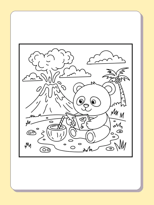 Panda Reading near a Volcano coloring page: black and white line art to print or color online
