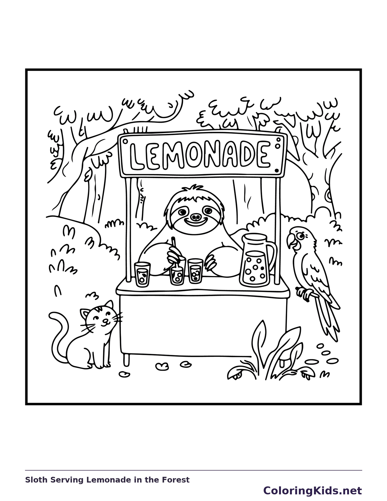 Sloth Serving Lemonade in the Forest coloring page: black and white line art to print or color online