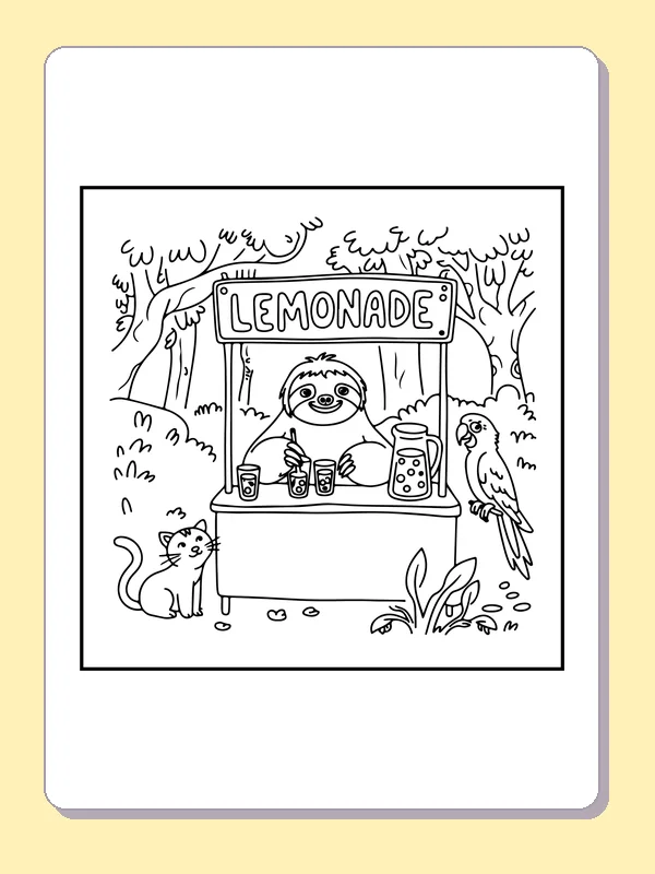 Sloth Serving Lemonade in the Forest coloring page: black and white line art to print or color online