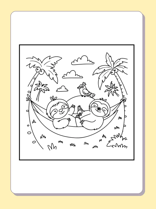 Sloths Resting in a Palm Hammock coloring page: black and white line art to print or color online