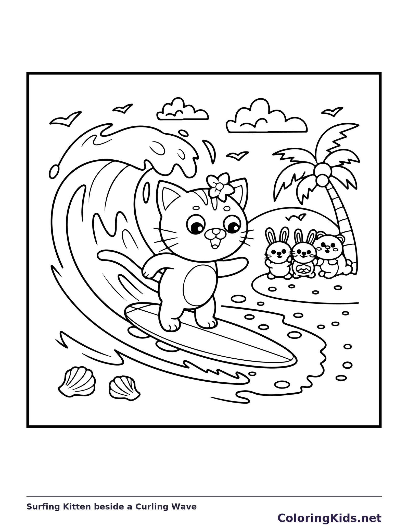 Surfing Kitten beside a Curling Wave coloring page: black and white line art to print or color online