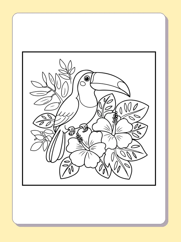 Toucan among Hibiscus Flowers coloring page: black and white line art to print or color online