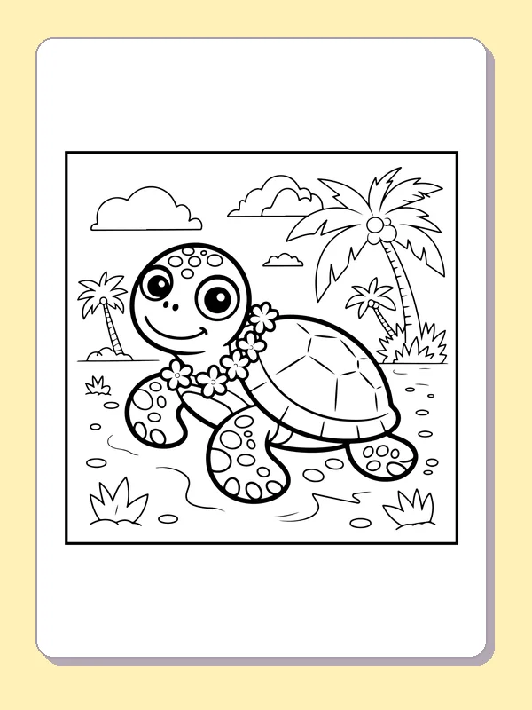 Turtle Wearing a Flower Lei coloring page: black and white line art to print or color online