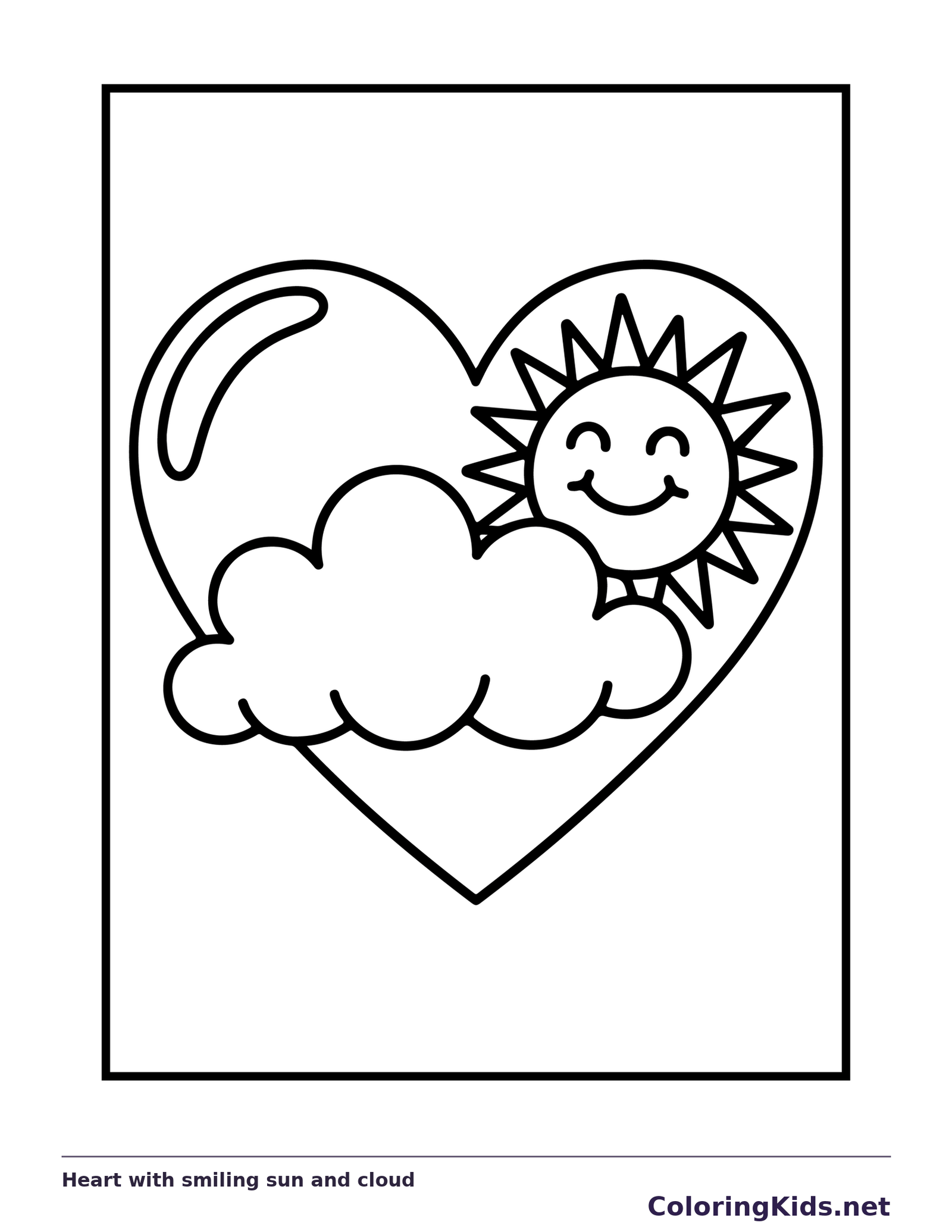 Smiling sun and cloud inside heart outline