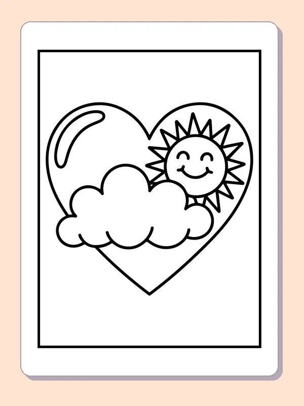 Smiling sun and cloud inside heart outline