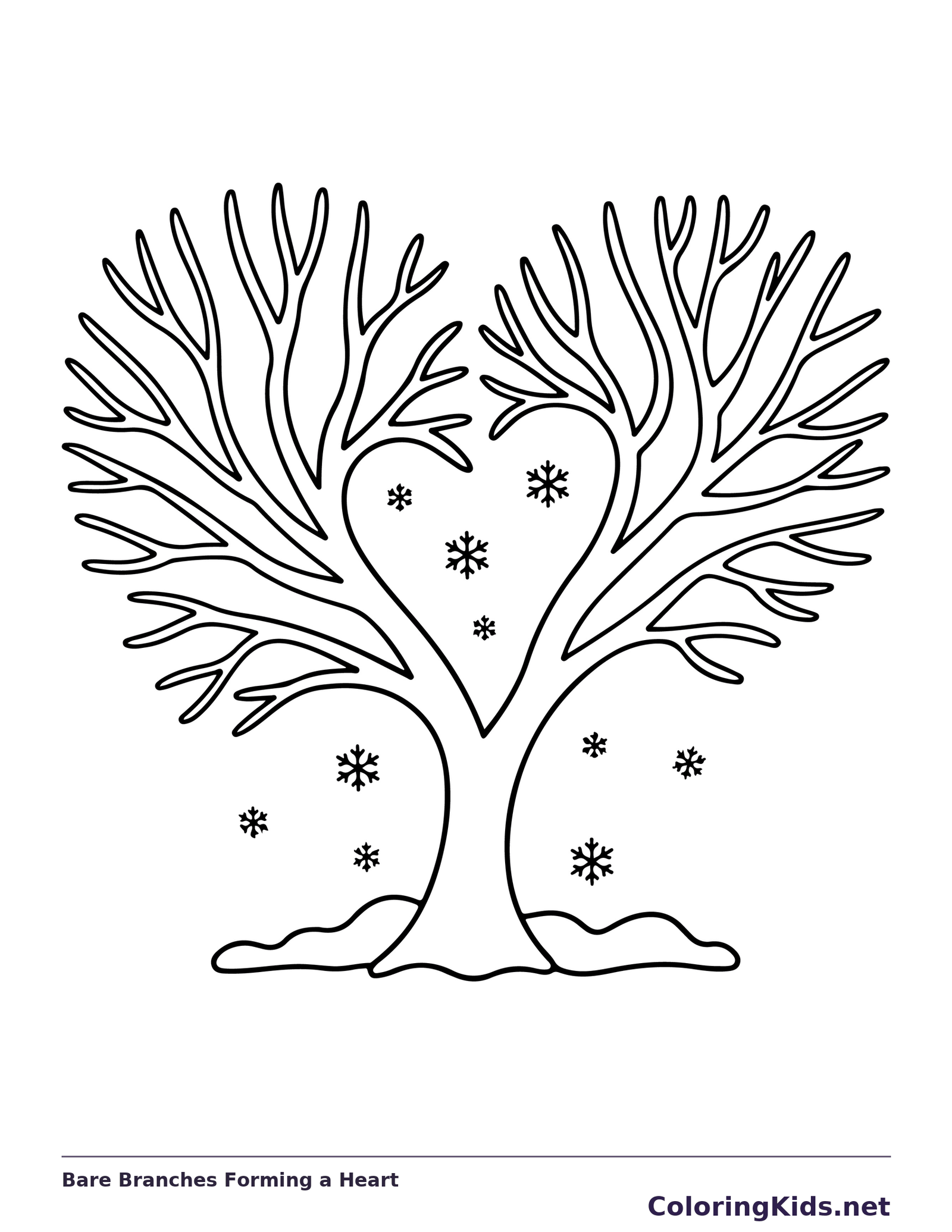 Black and white printable drawing of bare branches forming a heart