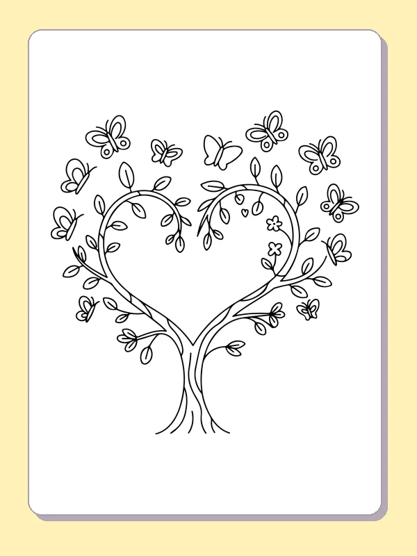 Black and white printable drawing of butterflies around a heart tree