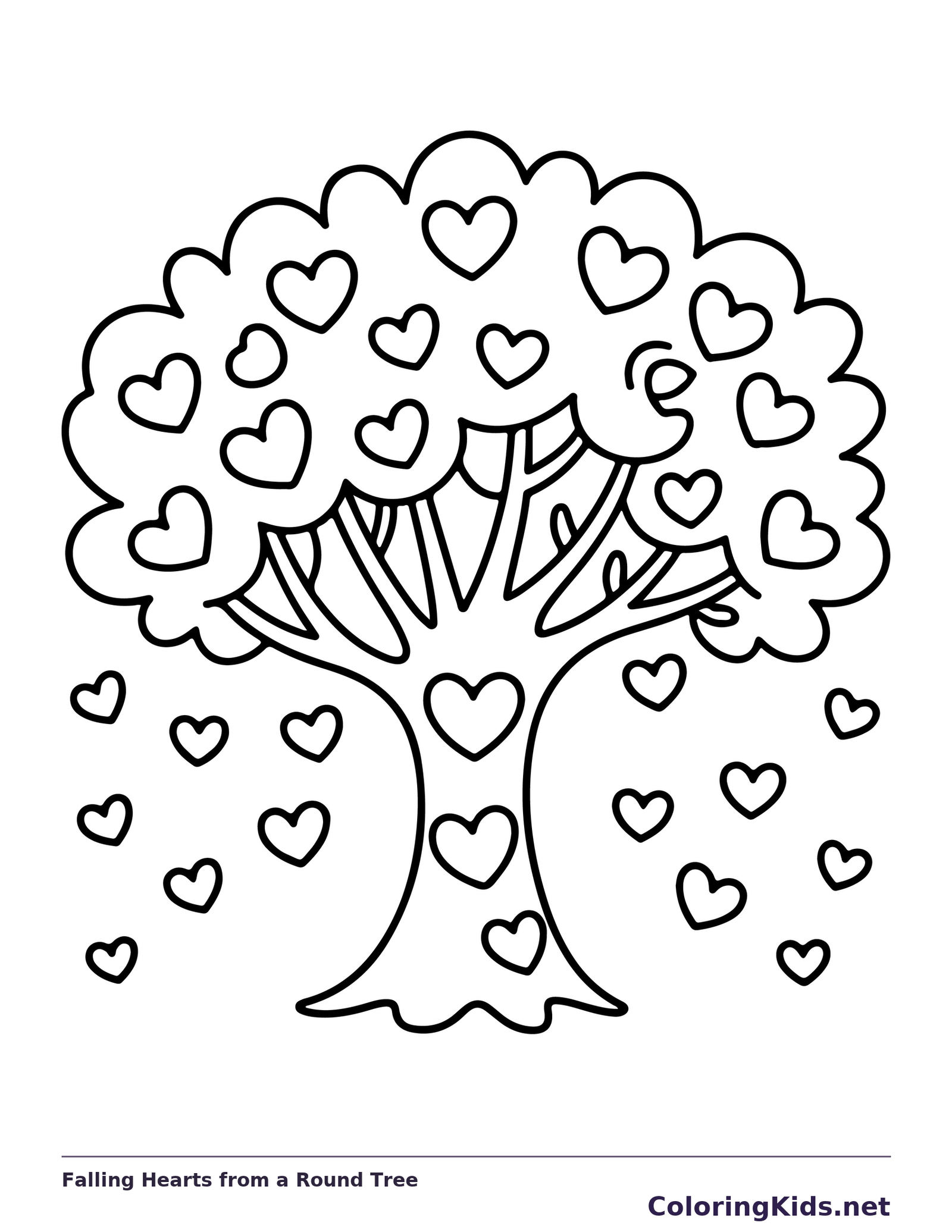 Black and white printable drawing of falling hearts from a round tree