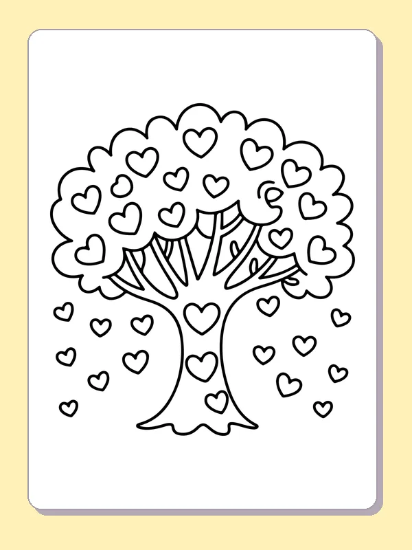 Black and white printable drawing of falling hearts from a round tree